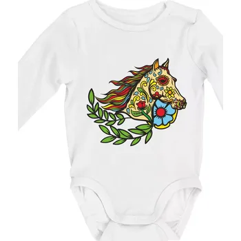 Kojenecký body Kůň barevný s listy - Body kojenecké s dlouhým rukávem - Dlouhý r. do 3 měs ( Bílá )