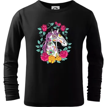 Chlapecké tričko Kůň barevný s květinami - Triko dětské Long Sleeve - 122 cm/6 let ( Černá )