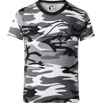 Chlapecké tričko Kůň - bežící silueta hlavy - Dětské maskáčové triko - 146 cm/10 let ( Šedý maskáč )