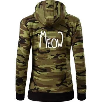 Dámská mikina Meow - Mňau - Dámská mikina trendy zipper s kapucí - L ( Zelený maskáč )