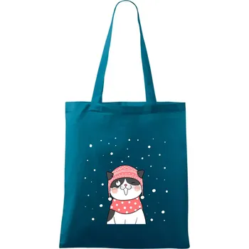 Kočka v zimní čepici - Taška bavlněná - 42 x 38 cm ( Petrolejová )