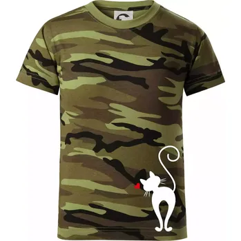 Zamilovaná kočka zezadu - Dětské maskáčové triko - 134 cm/8 let ( Zelený maskáč )