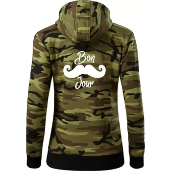 Dámská mikina Mustache Bon Jour - Dámská mikina trendy zipper s kapucí - XS ( Zelený maskáč )