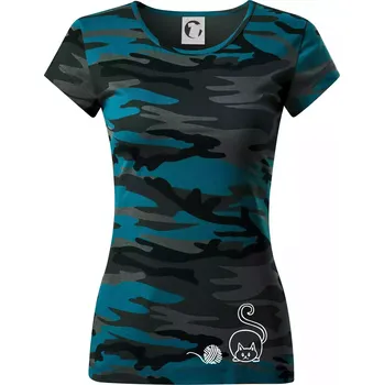 Kočka klubíčko - Dámské maskáčové triko - M ( Petrolejová maskáč )