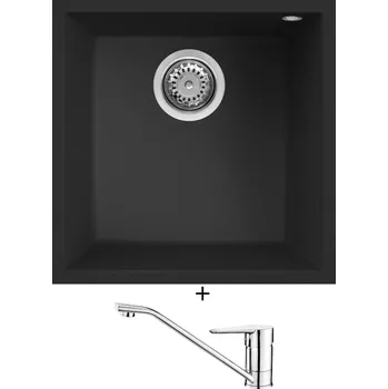 Granitový dřez Dřez pod desku SET Elleci QUADRA 102 UM G40 full black + Deante CORIO BFC 060M chrom