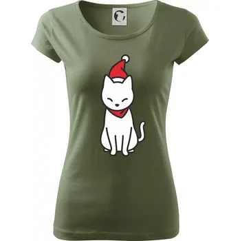 Dámské tričko Vánoční kočka sedící - Dámské triko Pure - S ( Khaki )