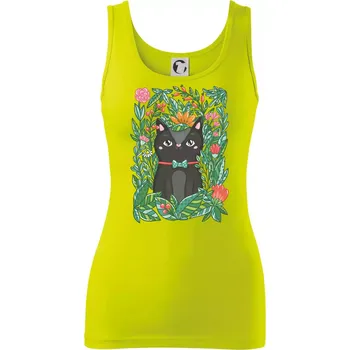 Dámské tričko Kočka s květy malovaná - Dámské tílko - S ( Limetková )