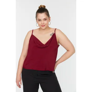 Dámská halenka Trendyol Curve Švestkové Tkané Popruhy, Halenka Satyénového Vzhledu Trendyol tmavě červená 1875190