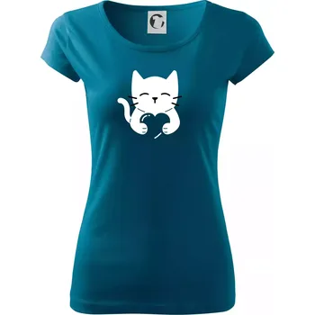 Dámské oblečení Kočka drží srdce - Dámské triko Pure - S ( Petrolejová )