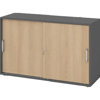 Jednací stůl Skříň s posuvnými dveřmi, na složky/pořadače, 1200 x 400 x 748 mm, grafit/dub