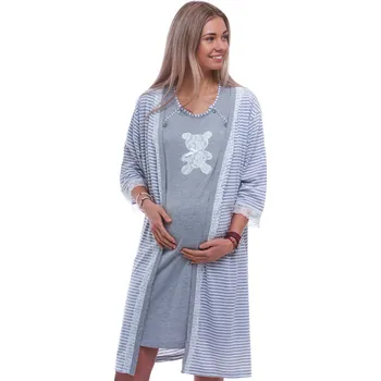 Dámská noční košile Šedý pruhovaný komplet košilka a župan pro kojící ženy s medvídkem 1G0699 šedá s