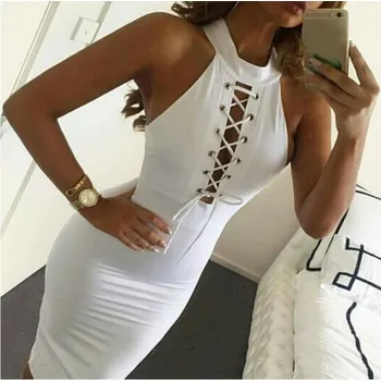 Dámské šaty STYLOVÉ ELEGANTNÍ SLIM ŠATY SE ŠNĚROVÁNÍM bílé - Vel. M