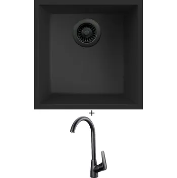 Granitový dřez Dřez pod desku SET Elleci QUADRA 102 UM černá edice + Deante NEO BORO BMO N62M černá matná