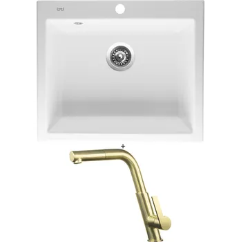 Granitový dřez Keramický dřez SET Sinks CERAM 600 bílá + Deante SILIA BQS R73M zlatá nerez