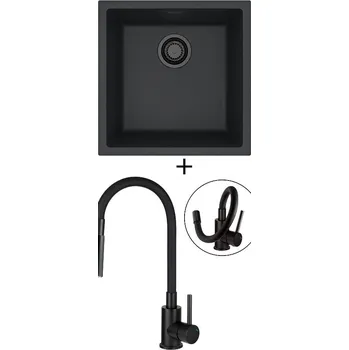Granitový dřez Dřez pod desku SET Alveus OMNI 20 černá edice + Deante NEO LUNO BOC N74M černá matná