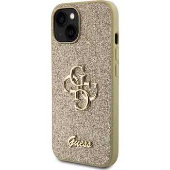 Pouzdro na mobilní telefon Zadní kryt Guess PU Fixed Glitter 4G Metal Logo pro Apple iPhone 15, zlatá