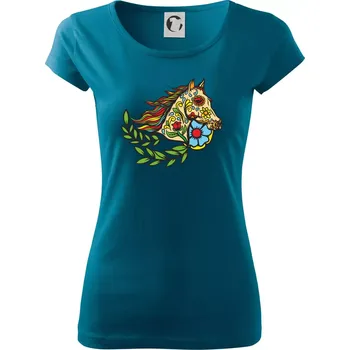 Kůň barevný s listy - Dámské triko Pure - XL ( Petrolejová )
