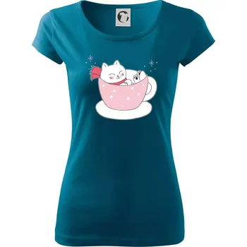 Dámské tričko Vánoční kočka v hrnečku - Dámské triko Pure - S ( Petrolejová )