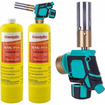 Turistický vařič Plynový hořák MAPP propan pro pájení, ohřev, piezo zapalování + 2x láhev Castolin