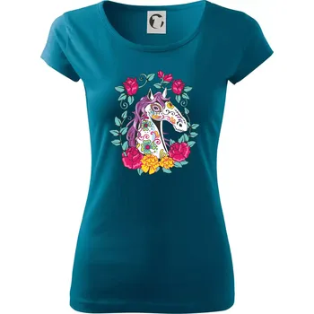 Dámské oblečení Kůň barevný s květinami - Dámské triko Pure - 3XL ( Petrolejová )