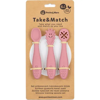 dětská jídelní sada PETITE&MARS Set 3 ks silikonových tréninkových lžiček Take&Match Dusty Rose 6m+
