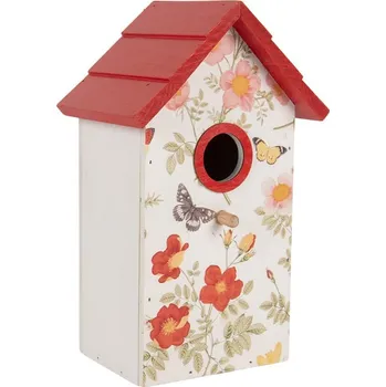 Bílo-červená dřevěná ptačí budka s květy Birdhouse - 15*10*22 cm