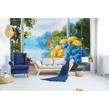 Fototapeta DIMEX | Samolepicí vliesová fototapeta na zeď Malba - Modré květiny MA-5-2002 | 375 x 250 cm | zelená, modrá, žlutá, hnědá + Samolepicí vliesová fototapeta na stěnu DIMEX Malba - Modré květiny MA52002 v rozměru 375 x 250 cm