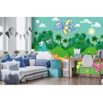 Fototapeta DIMEX | Samolepicí vliesová fototapeta na zeď Dinosauři v lese MA-5-1464 | 375 x 250 cm | zelená, modrá, oranžová, růžová + Samolepicí vliesová fototapeta na stěnu DIMEX Dinosauři v lese MA51464 v rozměru 375 x 250 cm