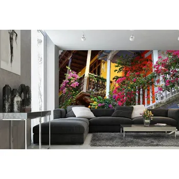 Fototapeta DIMEX | Samolepicí vliesová fototapeta na zeď Balkon s květinami MA-5-0789 | 375 x 250 cm | zelená, vícebarevná, růžová + Samolepicí vliesová fototapeta na stěnu DIMEX Balkon s květinami MA50789 v rozměru 375 x 250 cm