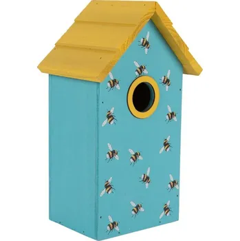 Krmítko pro ptáka Modro-žlutá dřevěná ptačí budka se včelkami Birdhouse - 15*10*22 cm