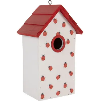 Bílo-červená dřevěná ptačí budka s beruškami Birdhouse - 15*10*22 cm