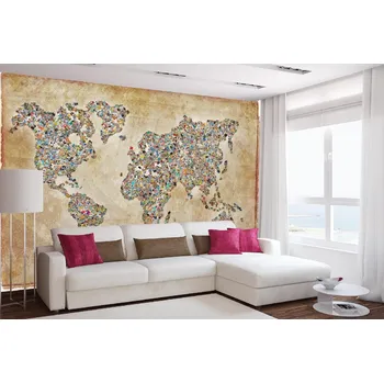 Fototapeta DIMEX | Samolepicí vliesová fototapeta na zeď Koláž s mapou světa MA-5-1541 | 375 x 250 cm | modrá, béžová, hnědá + Samolepicí vliesová fototapeta na stěnu DIMEX Koláž s mapou světa MA51541 v rozměru 375 x 250 cm