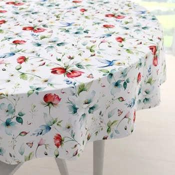 ubrus Teflonový kulatý ubrus TF-116 Akvarelové květy s kolibříky na bílém Ø 60 cm