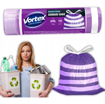 Pytle na odpadky PYTLE 60L VORTEX HDPE 60X65CM S UTAHOVACÍ PÁSKOU FIALOVÉ BÍLÉ PEVNÉ 10 KS