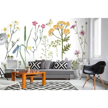 Fototapeta DIMEX | Samolepicí vliesová fototapeta na zeď Byliny MA-5-2010 | 375 x 250 cm | zelená, bílá, žlutá, růžová + Samolepicí vliesová fototapeta na stěnu DIMEX Byliny MA52010 v rozměru 375 x 250 cm