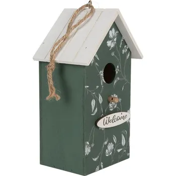 Bílo-zelená dřevěná ptačí budka s květy Birdhouse - 15*10*22 cm