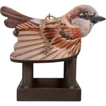 Krmítko pro ptáka Hnědé dřevěné závěsné krmítko pro ptáčky s dekorem vrabčáka - 17*25*21 cm