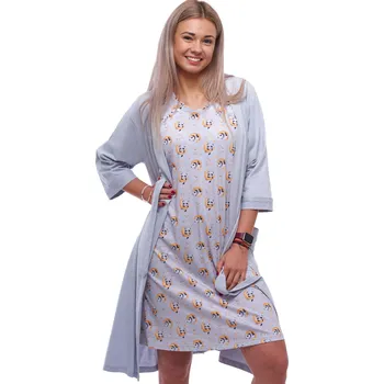 Dámská noční košile Komplet dámská bavlněná noční košilka s pandami a šedý župan 1G0707 šedá L