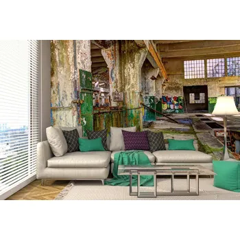 Fototapeta DIMEX | Samolepicí vliesová fototapeta na zeď Stará opuštěná továrna MA-5-0874 | 375 x 250 cm | zelená, béžová, žlutá + Samolepicí vliesová fototapeta na stěnu DIMEX Stará opuštěná továrna MA50874 v rozměru 375 x 250 cm