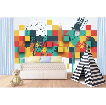 Fototapeta DIMEX | Samolepicí vliesová fototapeta na zeď Abstraktní čtverce MA-5-2049 | 375 x 250 cm | zelená, modrá, červená, bílá, žlutá + Samolepicí vliesová fototapeta na stěnu DIMEX Abstraktní čtverce MA52049 v rozměru 375 x 250 cm