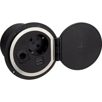 Prodlužovací kabel LED21 SAMBO BOX zásuvkový nábytkový blok s víkem - indukční nabíječkou, 1 zásuvka 230V + 1 port USB a USB-C, černá / stříbrná