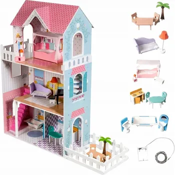 Domeček pro panenku Domeček pro panenky Mamabrum dřevěný s LED osvětlením 123 cm se zahrádkou