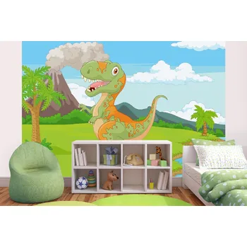 Fototapeta DIMEX | Samolepicí vliesová fototapeta na zeď Tyranosaurus v džungli MA-5-1465 | 375 x 250 cm | zelená, modrá, oranžová, hnědá + Samolepicí vliesová fototapeta na stěnu DIMEX Tyranosaurus v džungli MA51465 v rozměru 375 x 250 cm