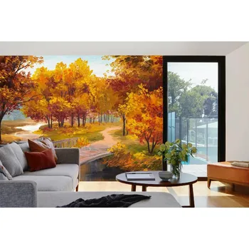 Fototapeta DIMEX | Samolepicí vliesová fototapeta na zeď Malba - Podzimní les s řekou MA-5-2035 | 375 x 250 cm | zelená, žlutá, oranžová, hnědá + Samolepicí vliesová fototapeta na stěnu DIMEX Malba - Podzimní les s řekou MA52035 v rozměru 375 x 250 cm