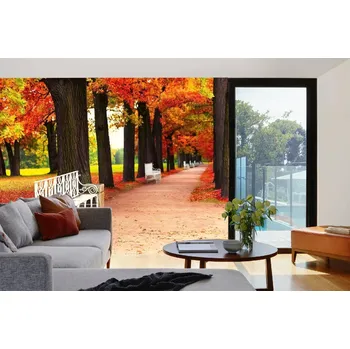 Fototapeta DIMEX | Samolepicí vliesová fototapeta na zeď Bílá lavička v parku MA-5-1939 | 375 x 250 cm | zelená, červená, bílá, oranžová + Samolepicí vliesová fototapeta na stěnu DIMEX Bílá lavička v parku MA51939 v rozměru 375 x 250 cm