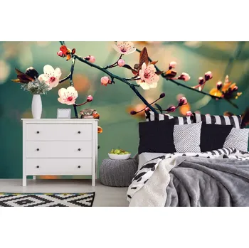 Fototapeta DIMEX | Samolepicí vliesová fototapeta na zeď Japonská kvetoucí třešeň MA-5-1377 | 375 x 250 cm | zelená, modrá, růžová + Samolepicí vliesová fototapeta na stěnu DIMEX Japonská kvetoucí třešeň MA51377 v rozměru 375 x 250 cm