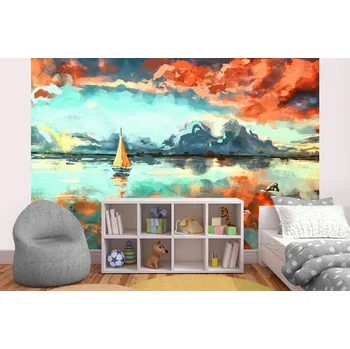 Fototapeta DIMEX | Samolepicí vliesová fototapeta na zeď Malba - Plachetnice MA-5-2037 | 375 x 250 cm | modrá, oranžová + Samolepicí vliesová fototapeta na stěnu DIMEX Malba - Plachetnice MA52037 v rozměru 375 x 250 cm