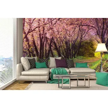 Fototapeta DIMEX | Samolepicí vliesová fototapeta na zeď Růžová sakura MA-5-1858 | 375 x 250 cm | zelená, žlutá, hnědá, růžová + Samolepicí vliesová fototapeta na stěnu DIMEX Růžová sakura MA51858 v rozměru 375 x 250 cm