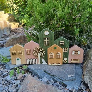 Dřevěné domečky - vesnička s pejskem - 6ks