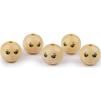 Módní doplněk Dřevěné korálky s obličejem Ø22 mm Balení: 5 ks, Varianta: 2 přírodní sv. - 8596475377867